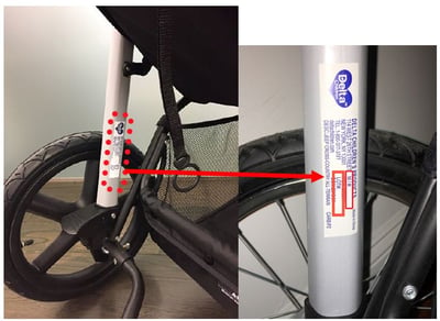 Delta label located in the left bottom frame support bars